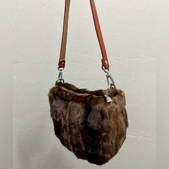 Natural Brown Handmade Real Mink Fur Half Moon Shoulder Bag/Crossbody - Picture 13 of 16